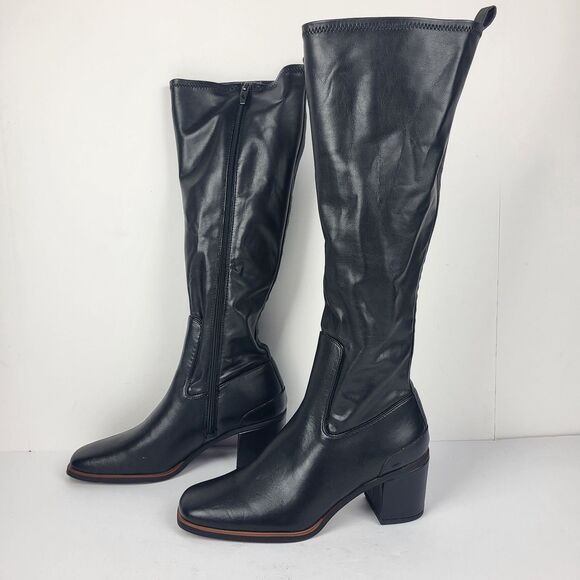 Franco Sarto Figaro Knee High Heeled Stretch Faux leather Black Boot Size 9.5M - Picture 1 of 16